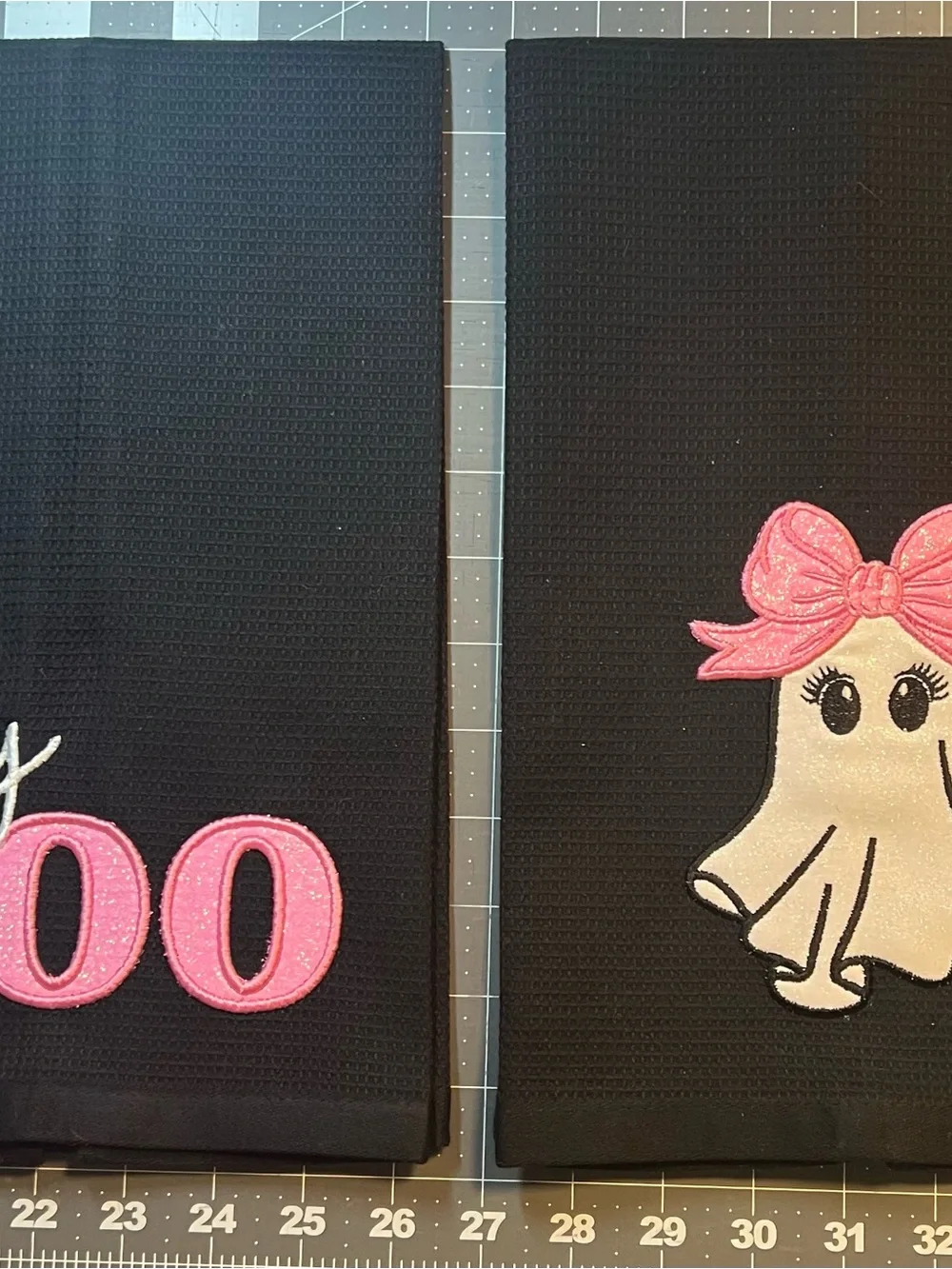 Black 'Hey Boo' Halloween Kitchen Towels with Pink Appliqué